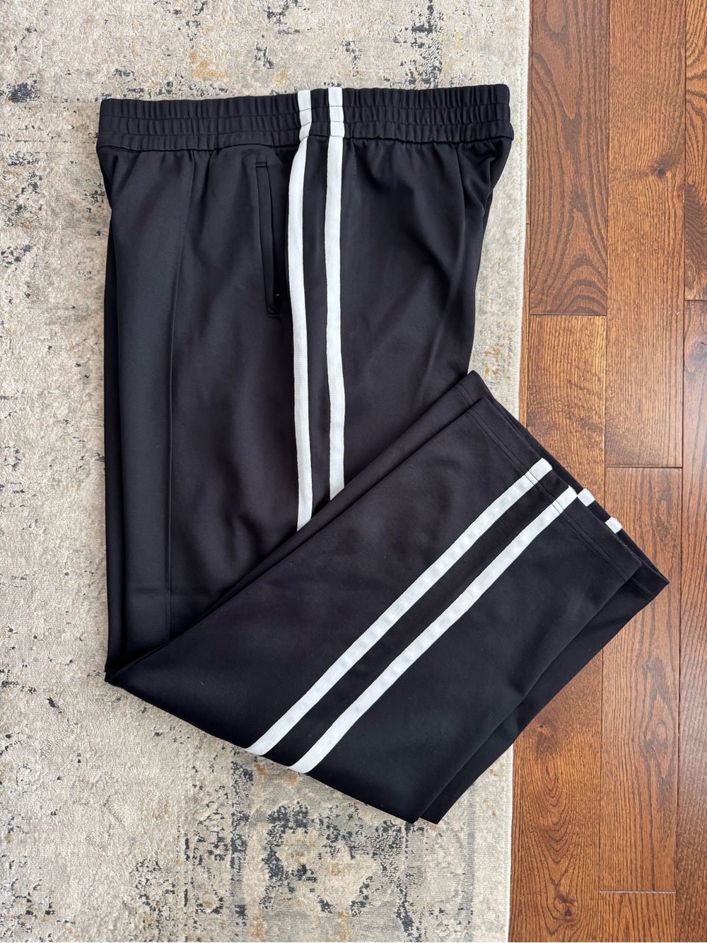 Athleta Black Track Pants with White Double Side Stripes